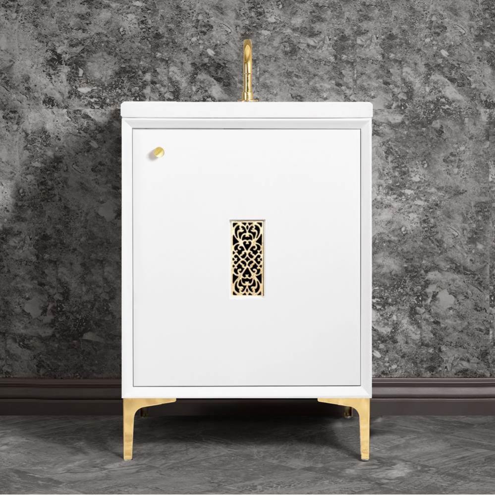 FRAME with Filigree Grate 24'' Wide Vanity, White, Satin Brass Hardware, 24''