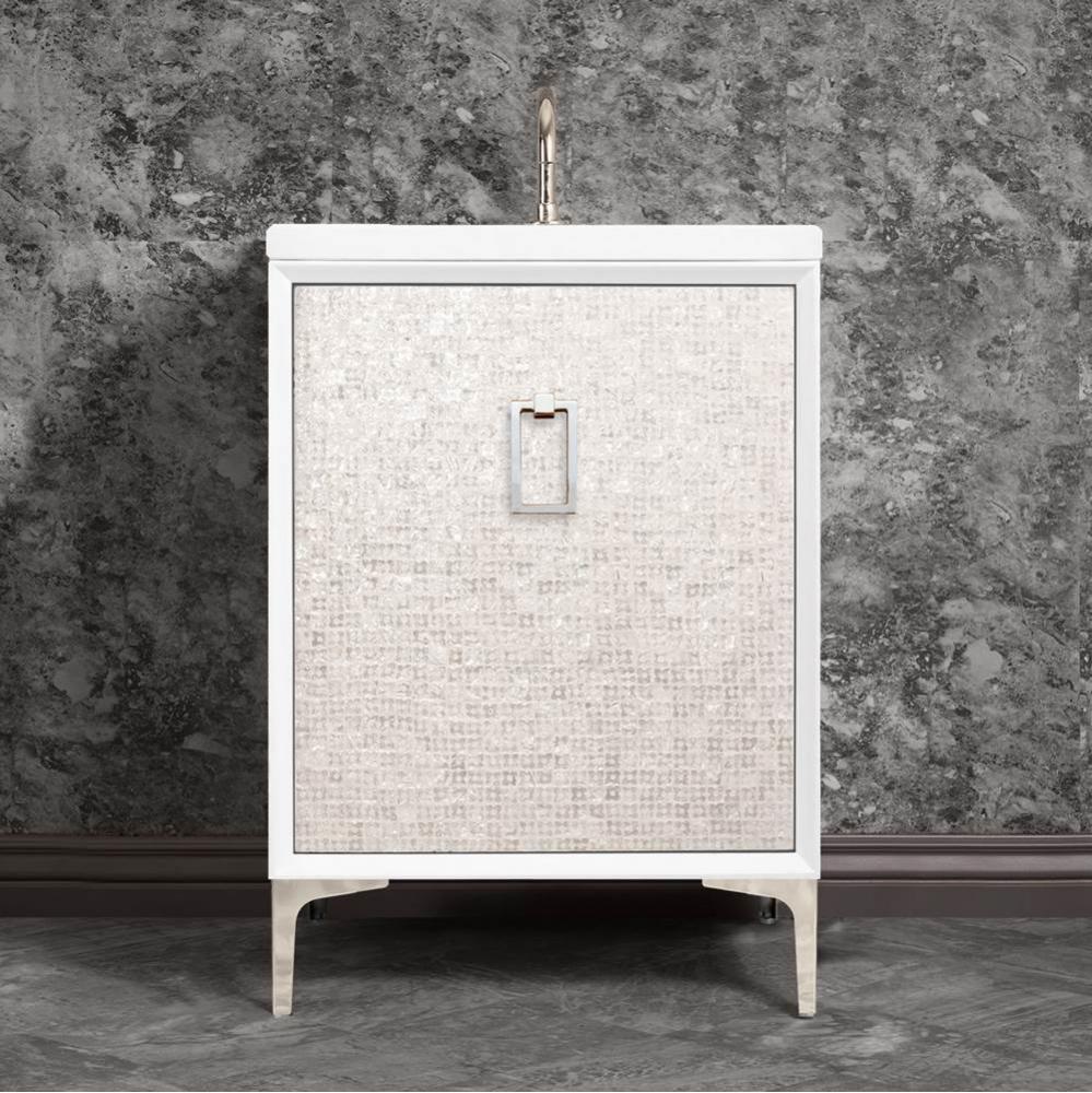 Mother of Pearl 24'' Wide White Vanity with Polished Nickel Coach Pull and Hardware, 24&