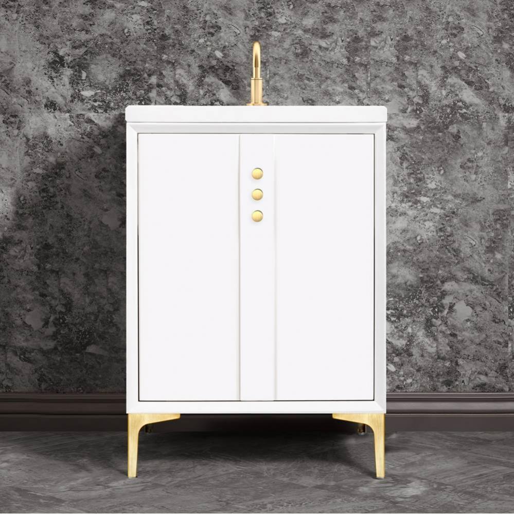 Tuxedo 24'' Wide White Vanity with Satin Brass Buttons and Hardware, 24'' x 22