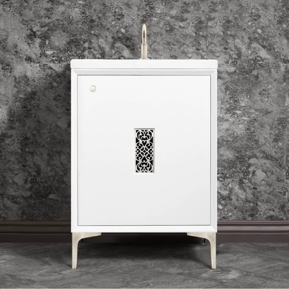 Frame 24'' Wide White Vanity with Satin Nickel Filigree Grate and Legs, 24'' x