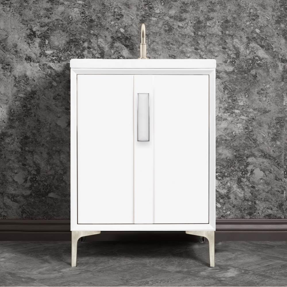 TUXEDO with 8'' Artisan Glass Prism Hardware 24'' Wide Vanity, White, Satin Ni