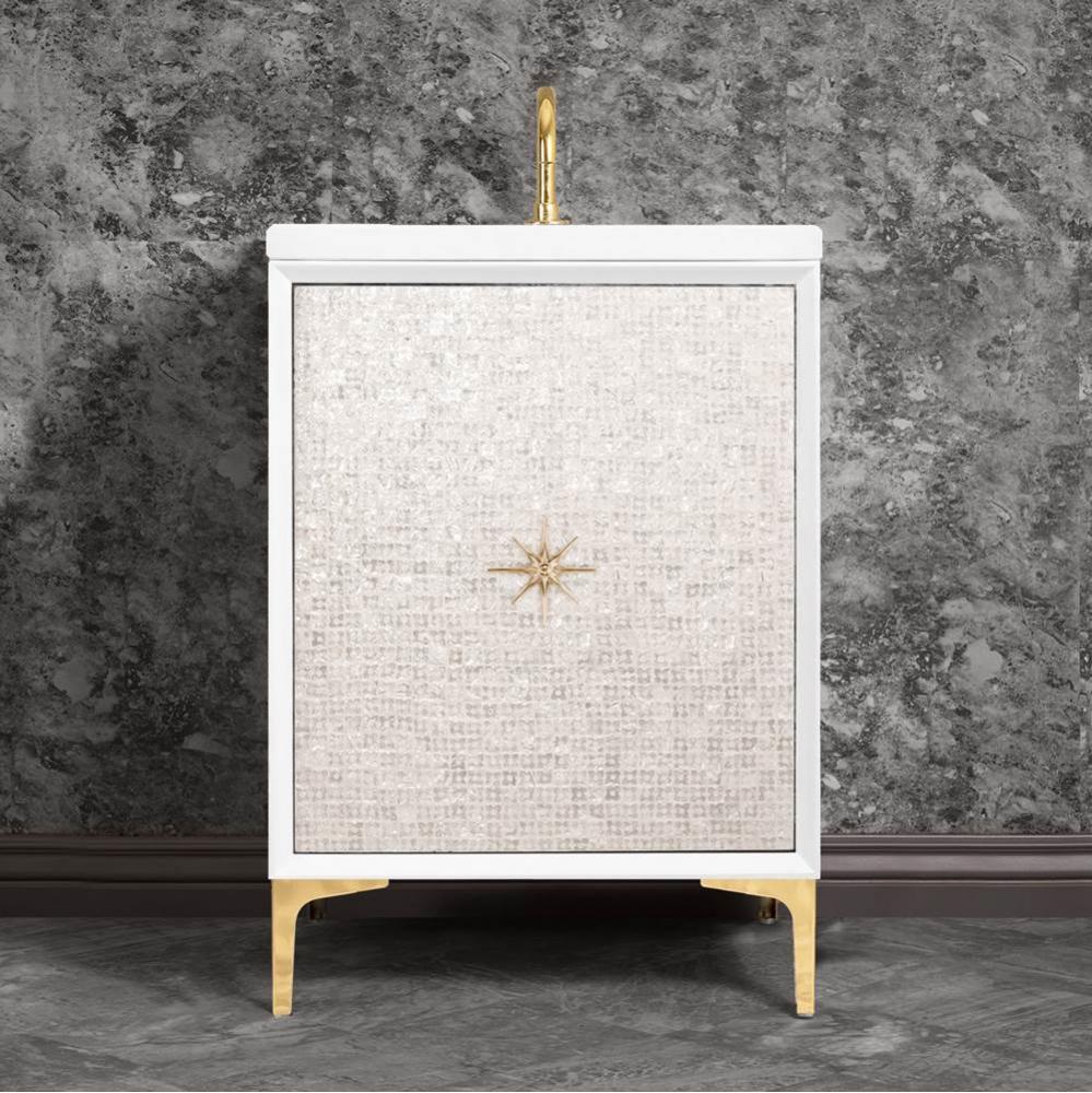 Mother of Pearl with 3'' Polished Brass Star Hardware, 24'' Wide Vanity, White