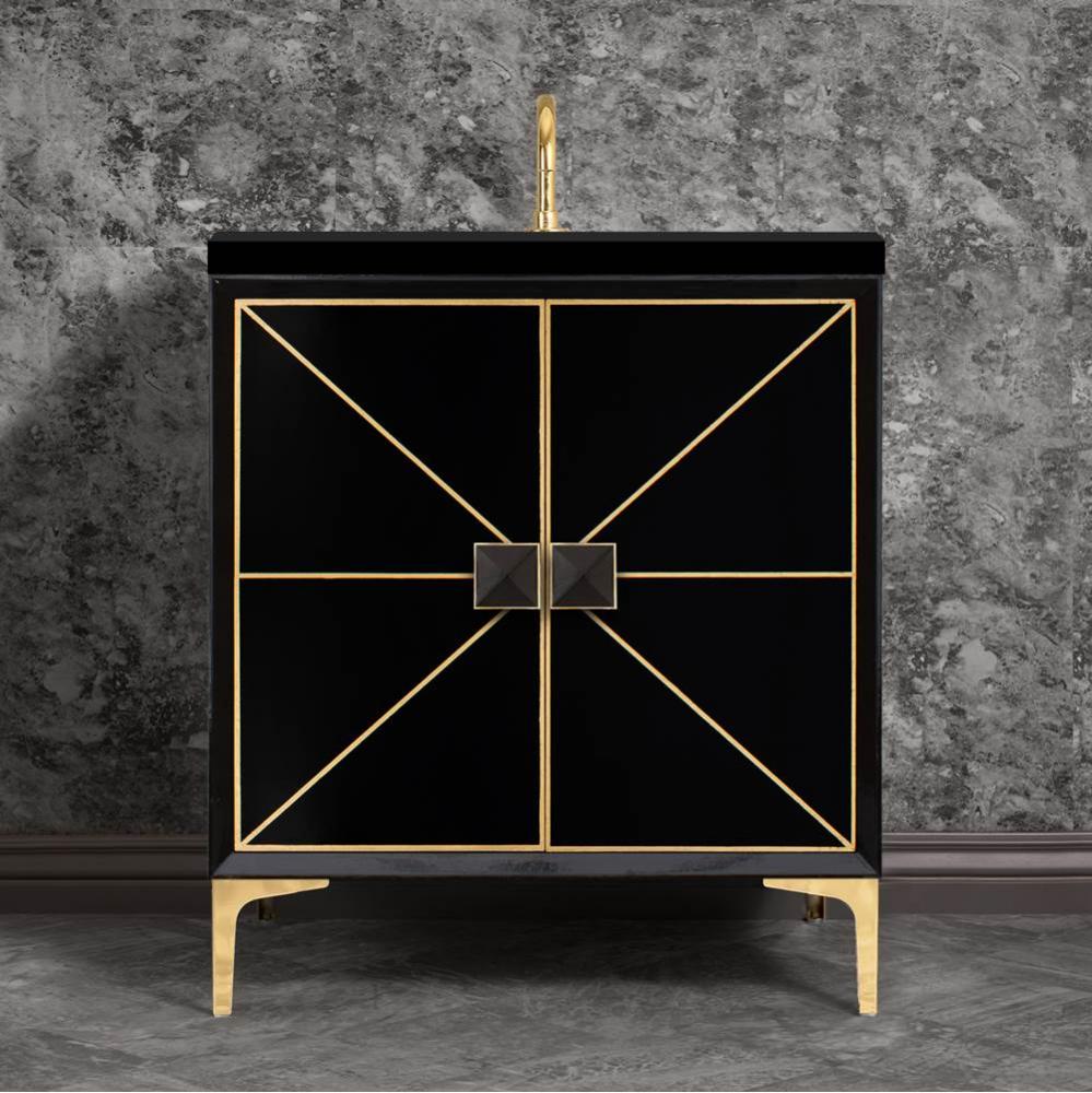 DIVERGENCE with Artisan Glass Hardware 30'' Wide Vanity, Black, Polished Brass Hardware,