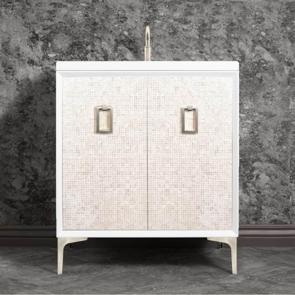 Mother of Pearl 30'' Wide White Vanity with Satin Nickel Coach Pull and Hardware