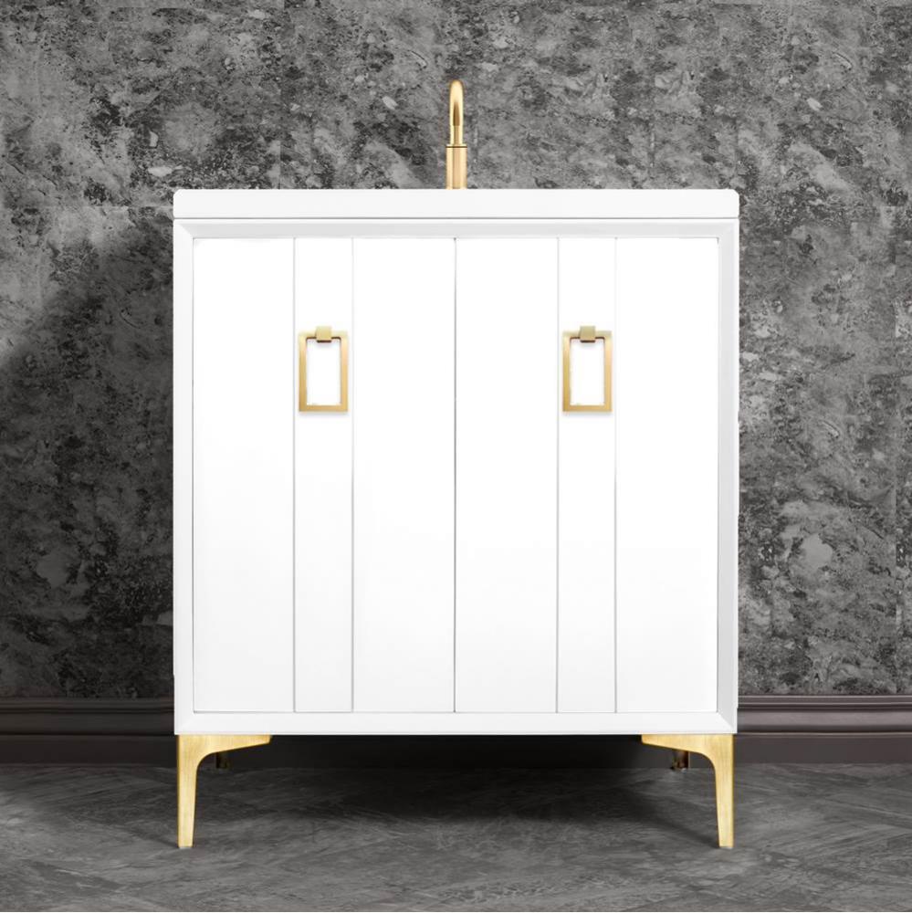 Tuxedo 30'' Wide White Vanity with Satin Brass Coach Pull and Hardware