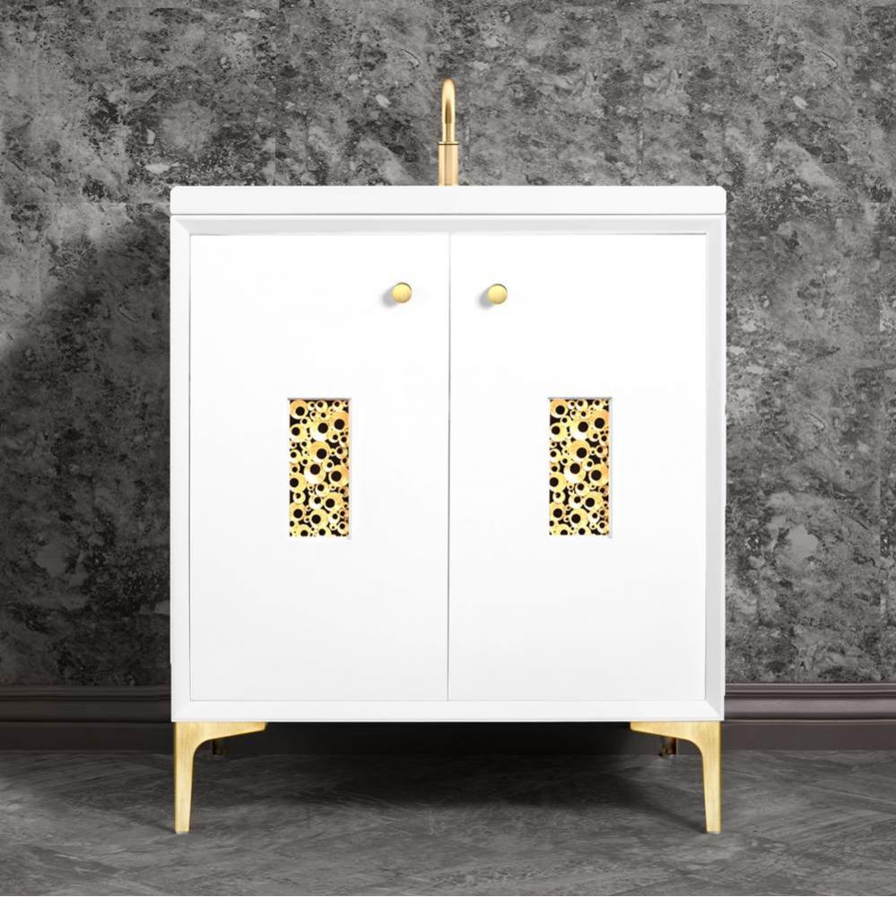 Frame 30'' Wide White Vanity with Satin Brass Coral Grate and Legs