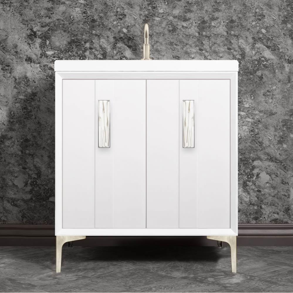 TUXEDO with 8'' Artisan Glass Prism Hardware 30'' Wide Vanity, White, Satin Ni