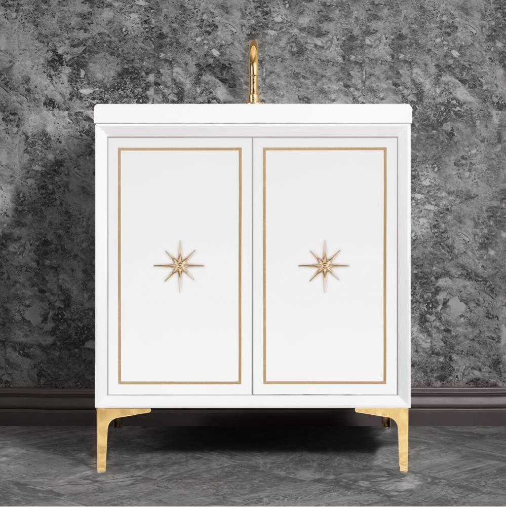 Linea with 3'' Polished Brass Star Hardware, 30'' Wide Vanity, White, 30'