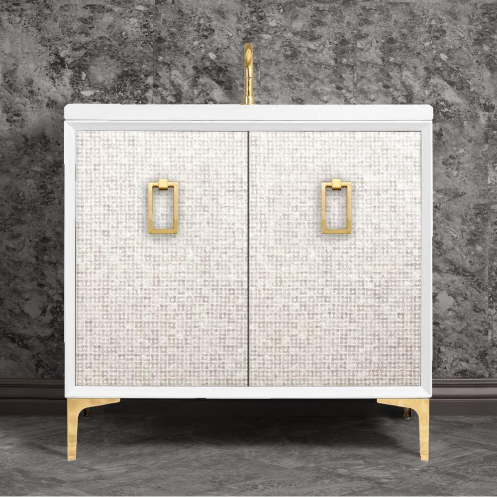 Mother of Pearl 36'' Wide White Vanity with Polished Brass Coach Pull and Hardware