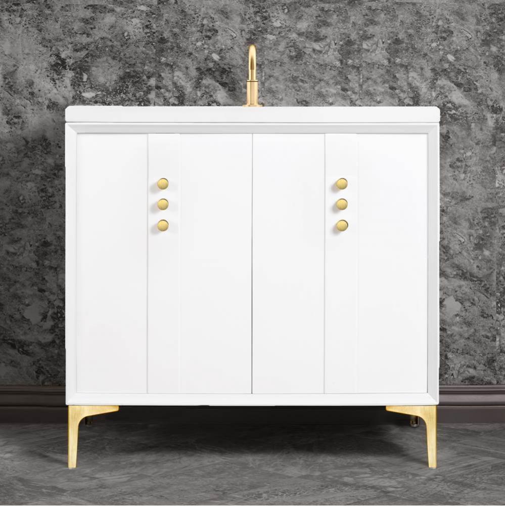 Tuxedo 36'' Wide White Vanity with Satin Brass Buttons and Hardware