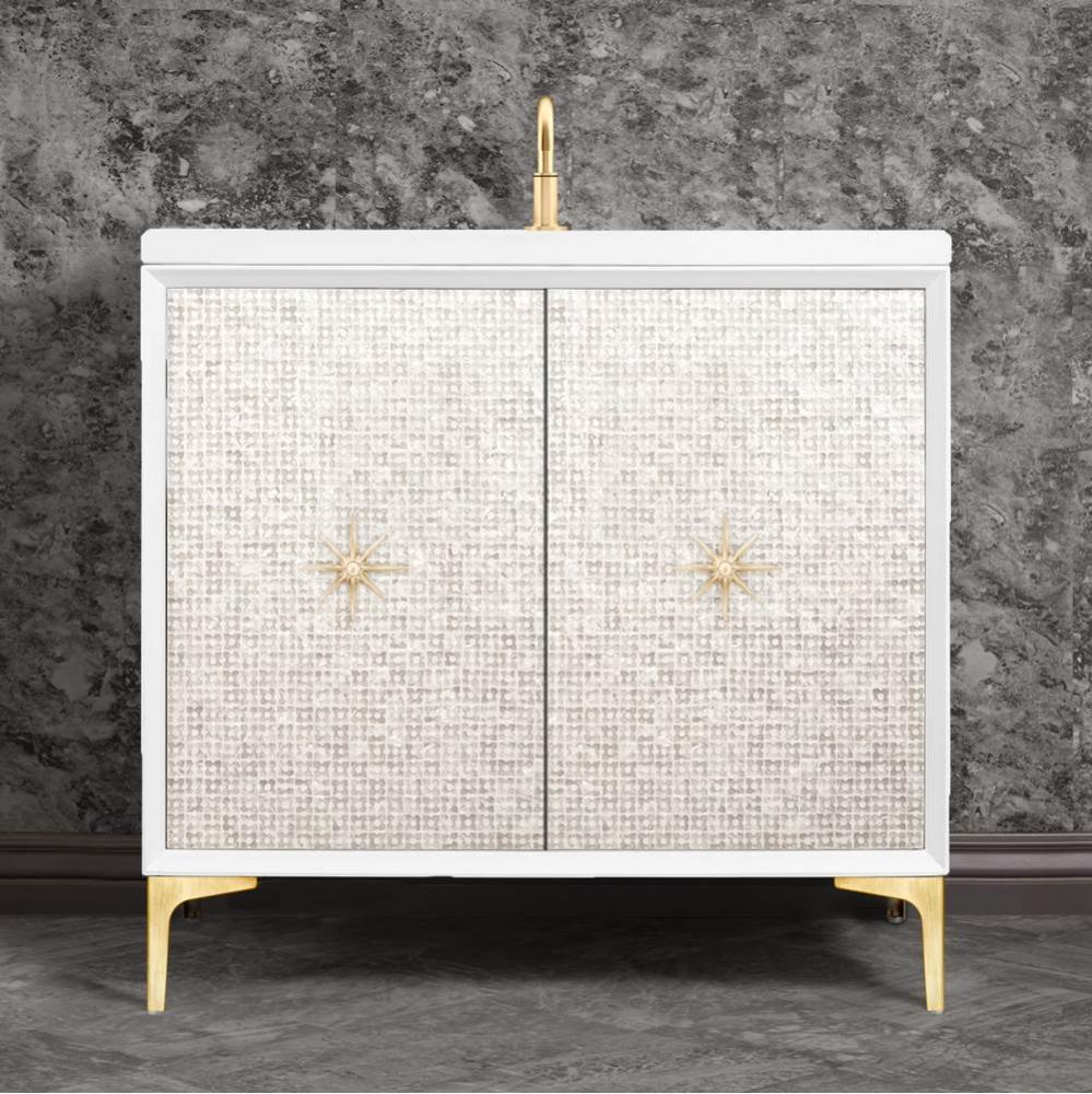 Mother of Pearl with 3'' Satin Brass Star Hardware, 36'' Wide Vanity, White, 3