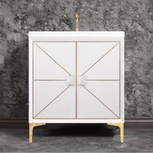 Linkasink VAN30W-014PB - DIVERGENCE with Artisan Glass Hardware 30'' Wide Vanity, White, Polished Brass Hardware,