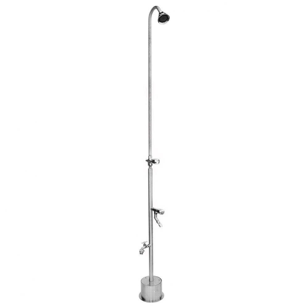 Free Standing Single Supply Shower - ADA Metered Valve, 3'' Shower Head, Hose Bibb, Foot