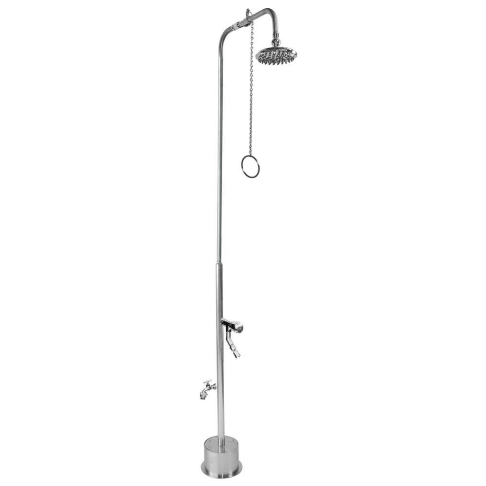 Free Standing Single Supply Shower - Pull Chain Valve, 8'' Shower Head, Hose Bibb, ADA M