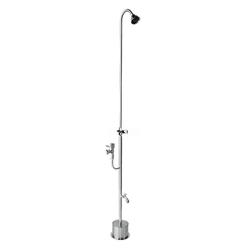 Free Standing Single Supply Shower - ADA Metered Valve, 3'' Shower Head, Hose Bibb, Drin