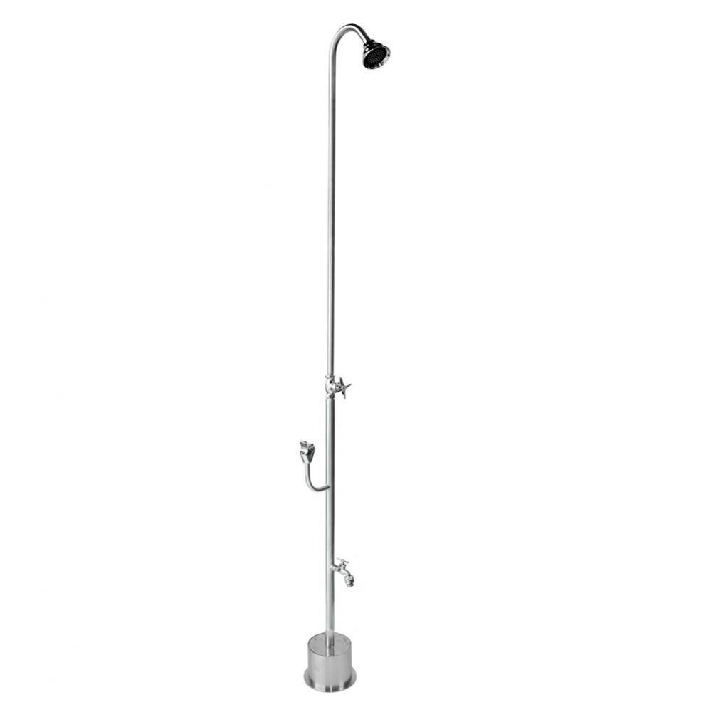 Free Standing Single Supply Shower - Cross Handle Valve, 3'' Shower Head, Hose Bibb, Pus