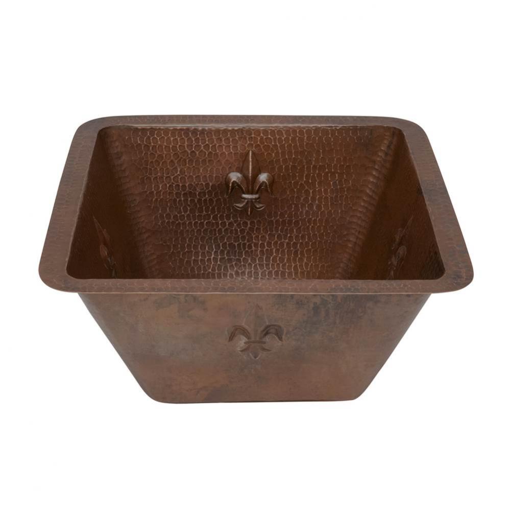 15'' Square Fleur De Lis Copper Bar/Prep Sink w/ 3.5'' Drain Size