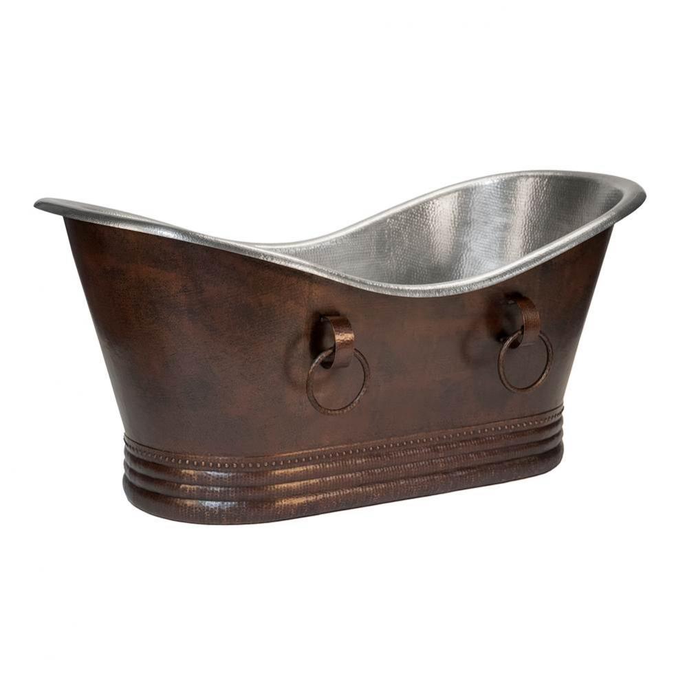 67'' Hammered Copper Double Slipper Bathtub With Rings - Nickel Interior and Oil Rubbed