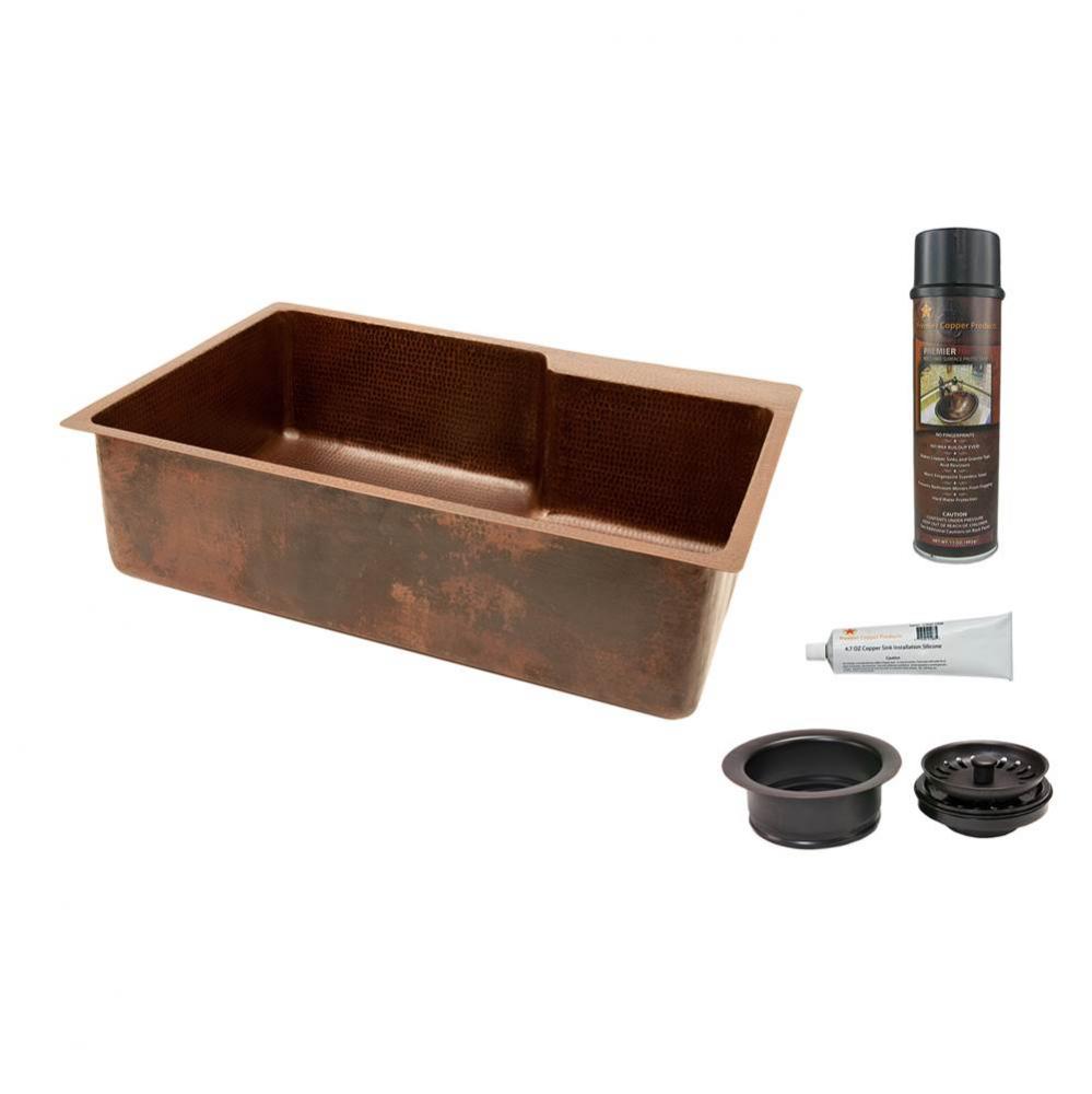 33'' Hammered Copper Kitchen Single Basin Sink with Matching Drain and Accessories