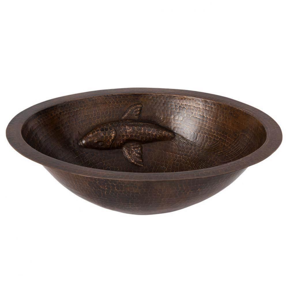 Oval Under Counter Hammered Copper Bathroom Sink with One Large Koi Fish