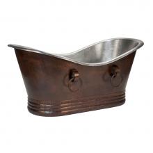 Premier Copper Products BTDR67DB-NI - 67'' Hammered Copper Double Slipper Bathtub With Rings - Nickel Interior and Oil Rubbed