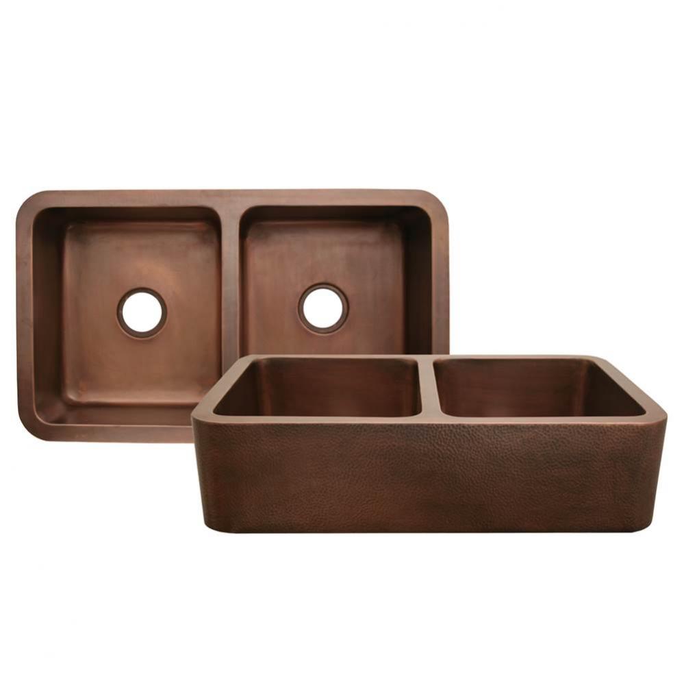 Copperhaus Rectangular Double Bowl Undermount Sink with Hammered Front Apron