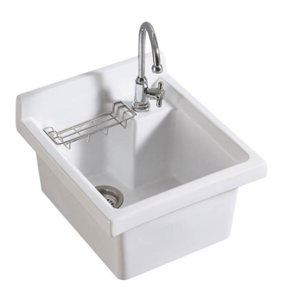 Vitreous China Single Bowl, Drop-in Sink with Wire Basket and 3 1/2 Inch Off Center Drain