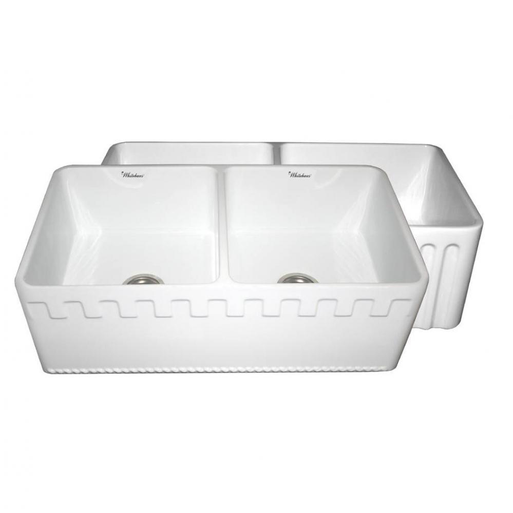 Farmhaus Fireclay Reversible Double Bowl Sink with a Castlehaus Design Front Apron on One Side  an