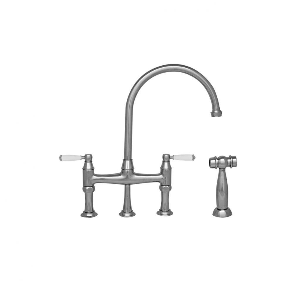 Queenhaus Bridge Faucet with Long Gooseneck Spout, Porcelain Lever Handles and Solid Brass Side Sp