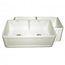 Whitehaus WHFLCON3318-BISCUIT - Farmhaus Fireclay Reversible Double Bowl Sink with a Concave Front Apron on One Side and Fluted Fr