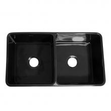 Whitehaus WHFLPLN3318-BLACK - Farmhaus Fireclay Reversible Double Bowl Kitchen Sink with Smooth Front Apron on One Side  and Flu