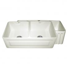 Whitehaus WHFLRPL3318-BISCUIT - Farmhaus Fireclay Reversible Double Bowl Sink with a Raised Panel Front Apron on One Side and Flut