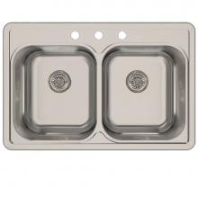 Nantucket Sinks NS3322-DE - 33 Inch Double Bowl Equal Self Rimming Stainless Steel Drop In Kitchen Sink, 18 Gauge