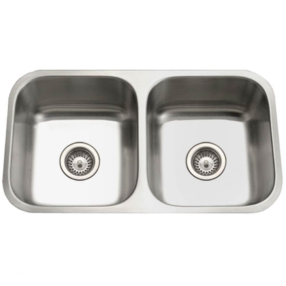 Enterprise 32'' Undermount Stainless Steel 50/50 Double Bowl Kitchen Sink, 18 Gauge, Bul