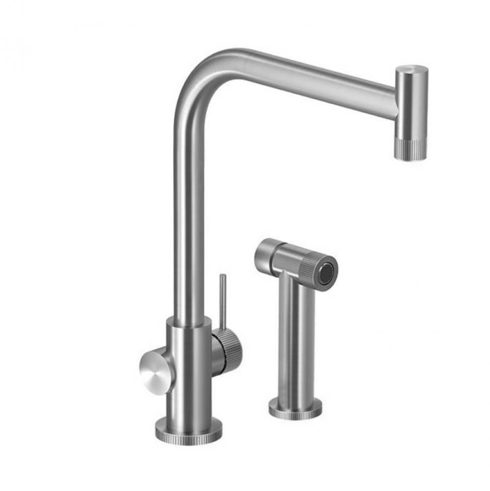 Knob Contemporary Single Handle Kitchen Faucet in Brushed Stainless Steel, with sidespray