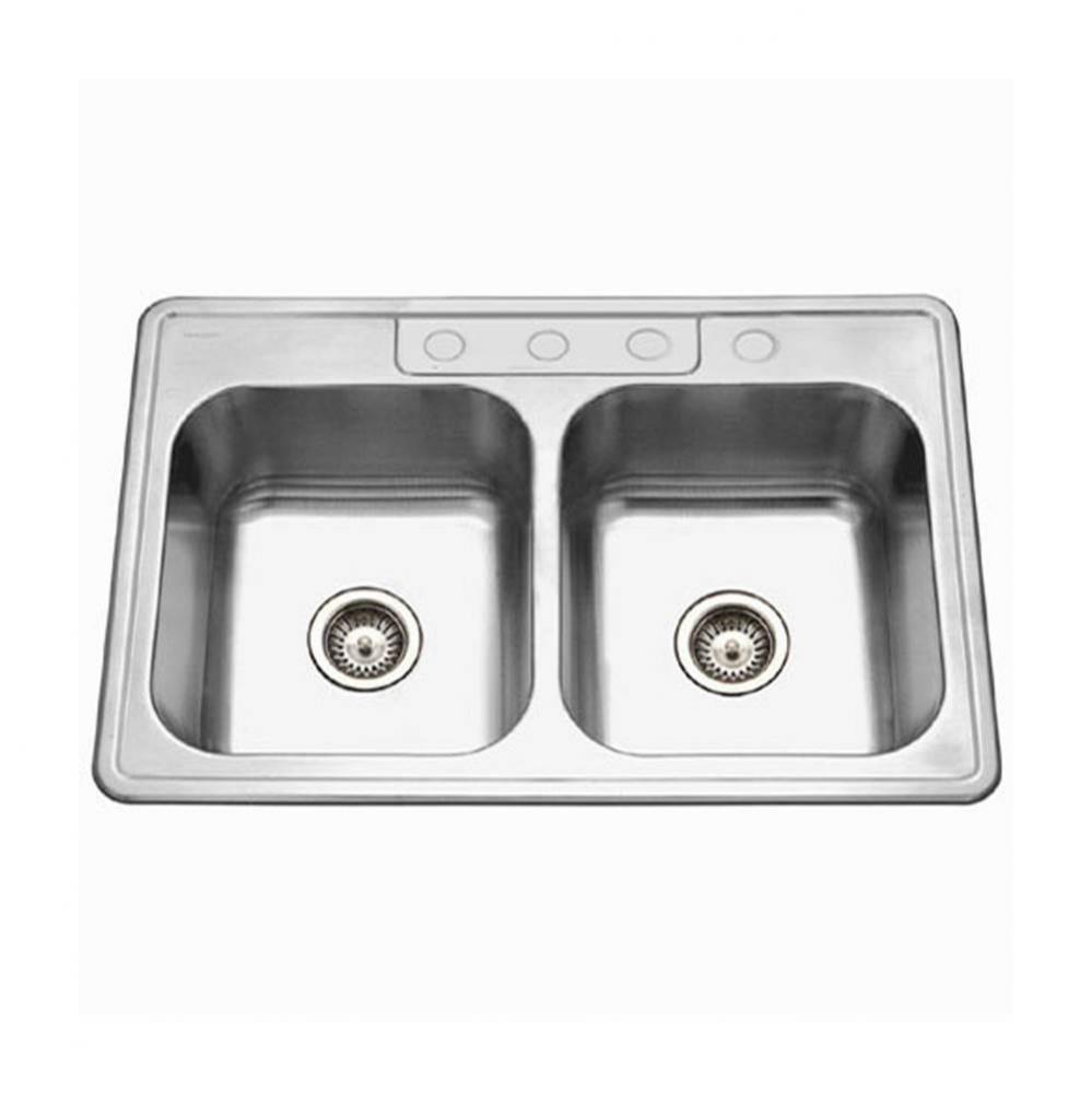 Revive 33'' Topmount Stainless Steel 4-hole 50/50 Double Bowl Kitchen Sink, 9'&apos