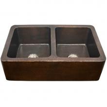 Hamat BRE-3521DA-AC - Apron Front Farmhouse Copper 50/50 Double Bowl Kitchen Sink, Antique Copper