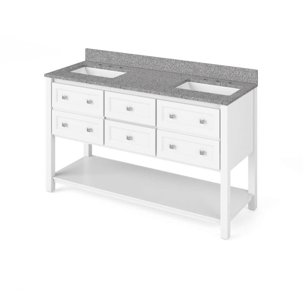 60'' White Adler Vanity, double bowl, Boulder Cultured Marble Vanity Top, two undermount