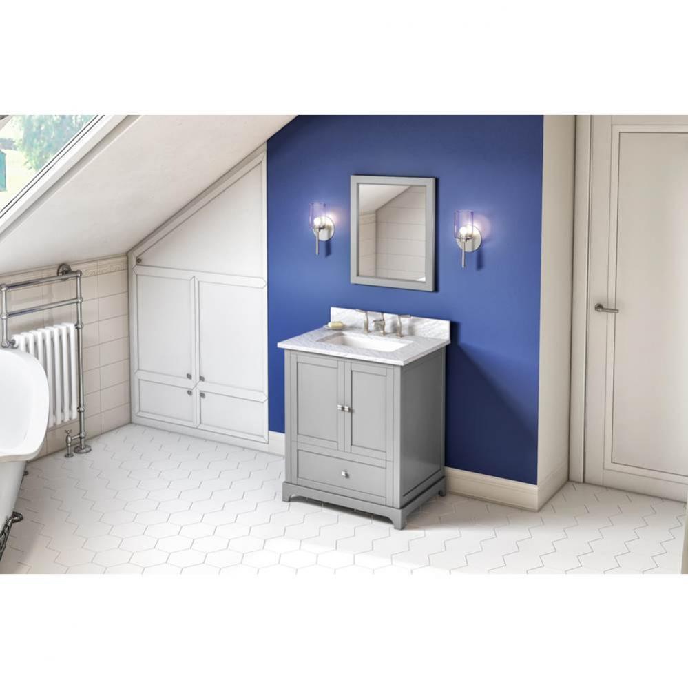 30'' Grey Addington Vanity, White Carrara Marble Vanity Top, undermount rectangle bowl
