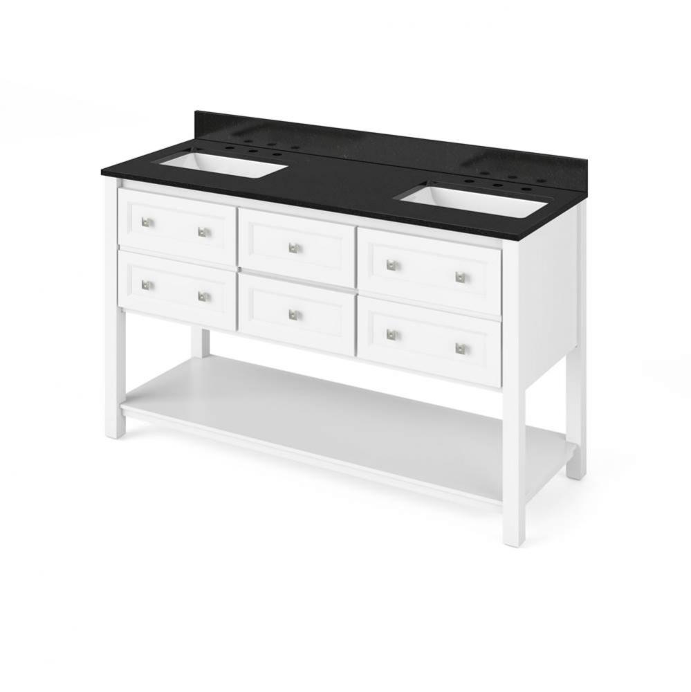 60'' White Adler Vanity, double bowl, Black Granite Vanity Top, two undermount rectangle