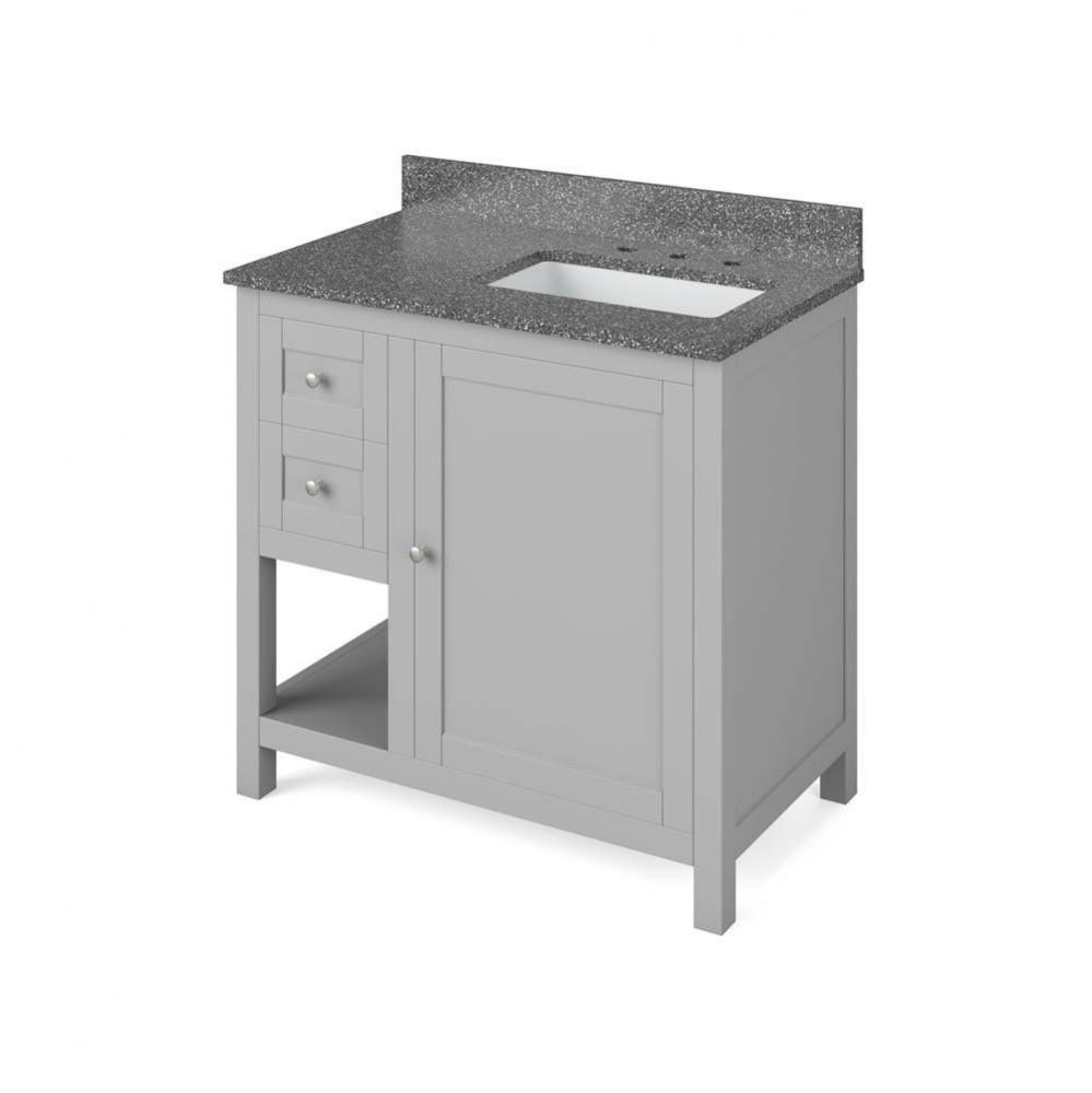 36'' Grey Astoria Vanity, right offset, Boulder Cultured Marble Vanity Top, undermount r