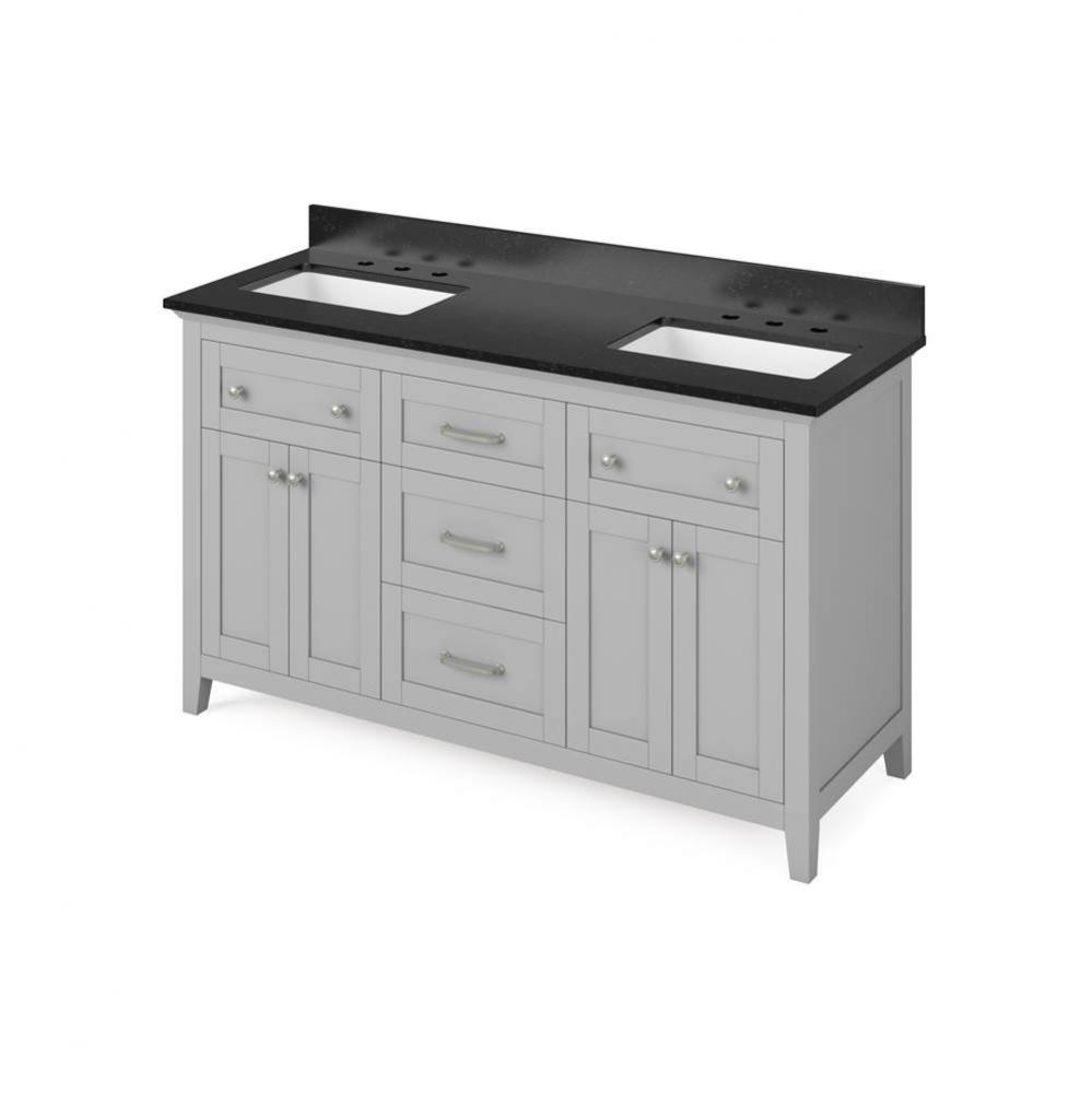 60'' Grey Chatham Vanity, double bowl, Black Granite Vanity Top, two undermount rectangl