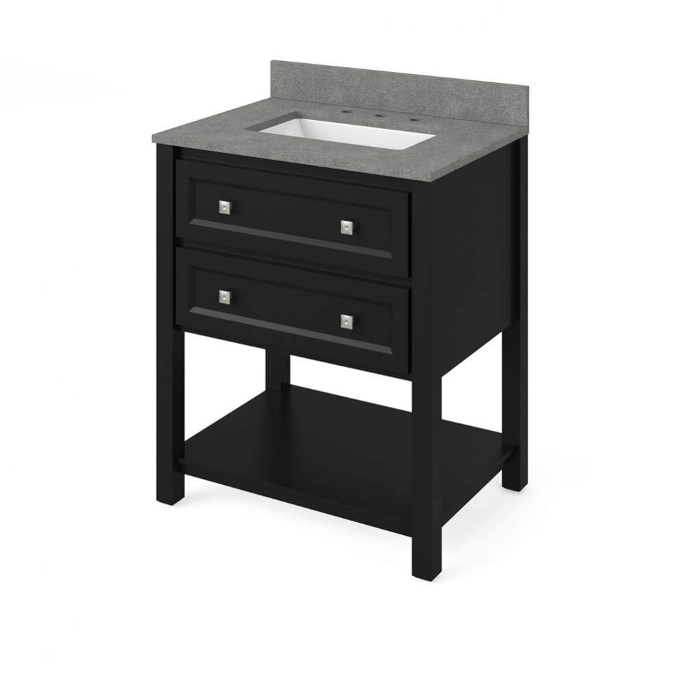 30'' Black Adler Vanity, Steel Grey Cultured Marble Vanity Top, undermount rectangle bow