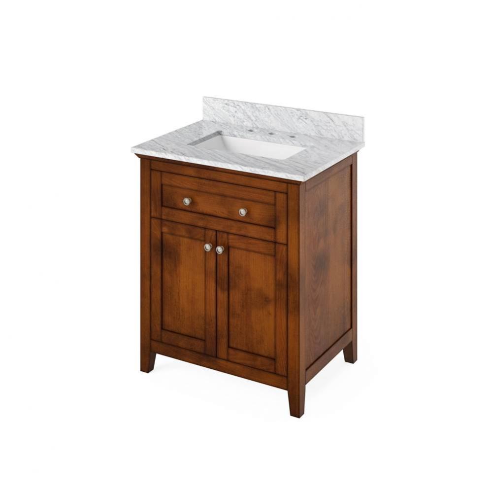 30'' Chocolate Chatham Vanity, White Carrara Marble Vanity Top, undermount rectangle bow