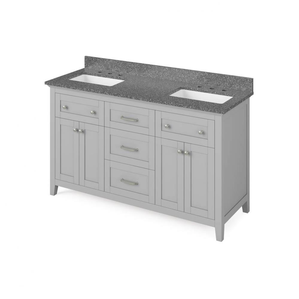 60'' Grey Chatham Vanity, double bowl, Boulder Cultured Marble Vanity Top, two undermoun