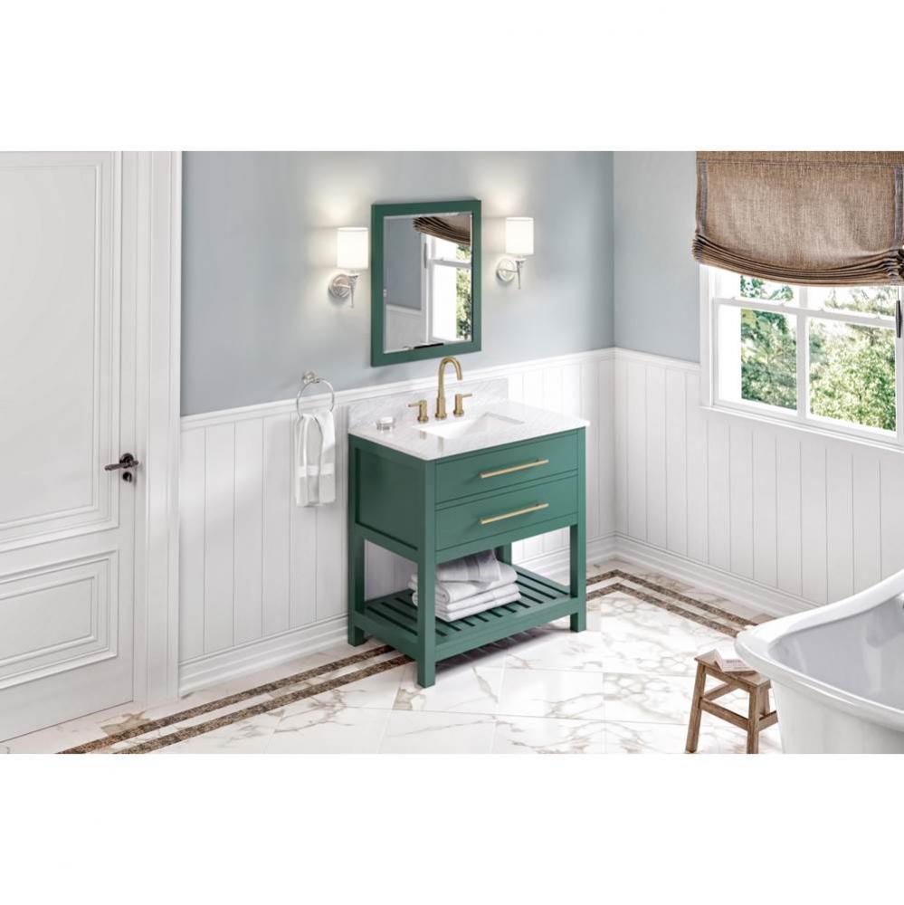 36'' Forest Green Wavecrest Vanity, White Carrara Marble Vanity Top, undermount rectangl