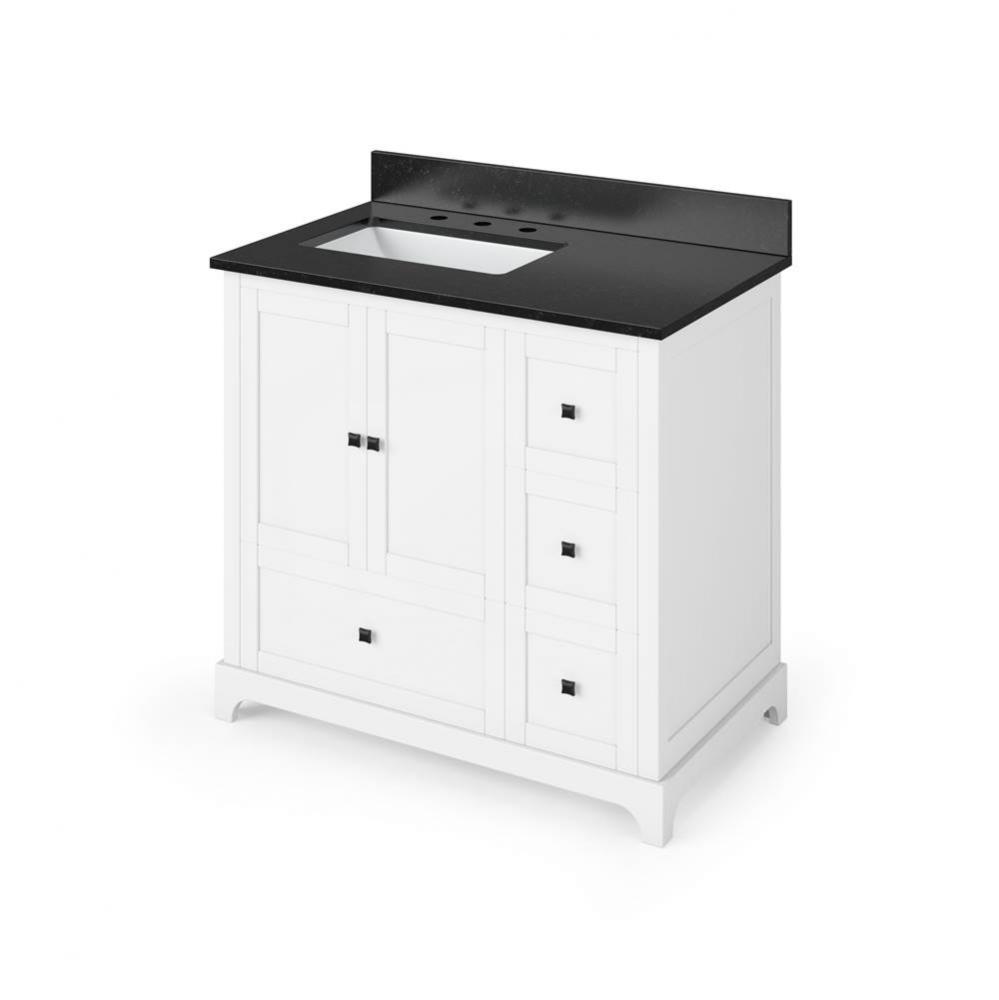 36'' White Addington Vanity, left offset, Black Granite Vanity Top, undermount rectangle