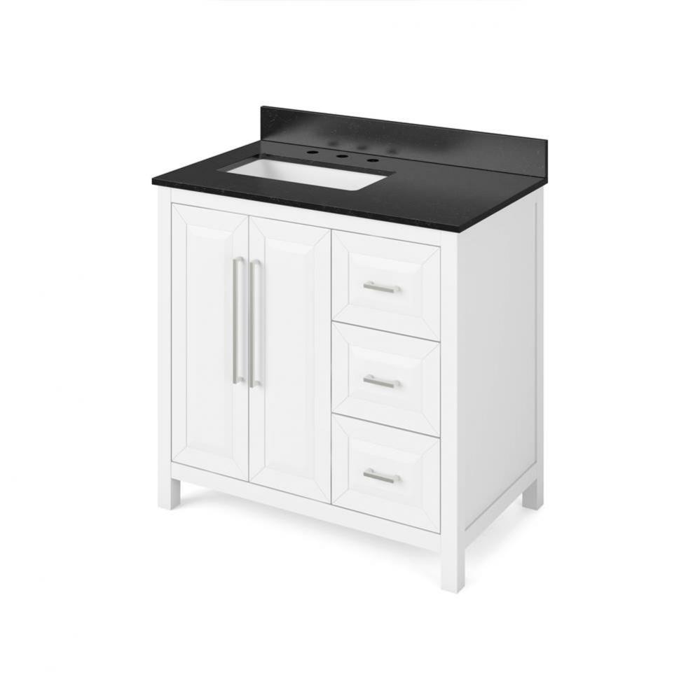 36'' White Cade Vanity, left offset, Black Granite Vanity Top, undermount rectangle bowl