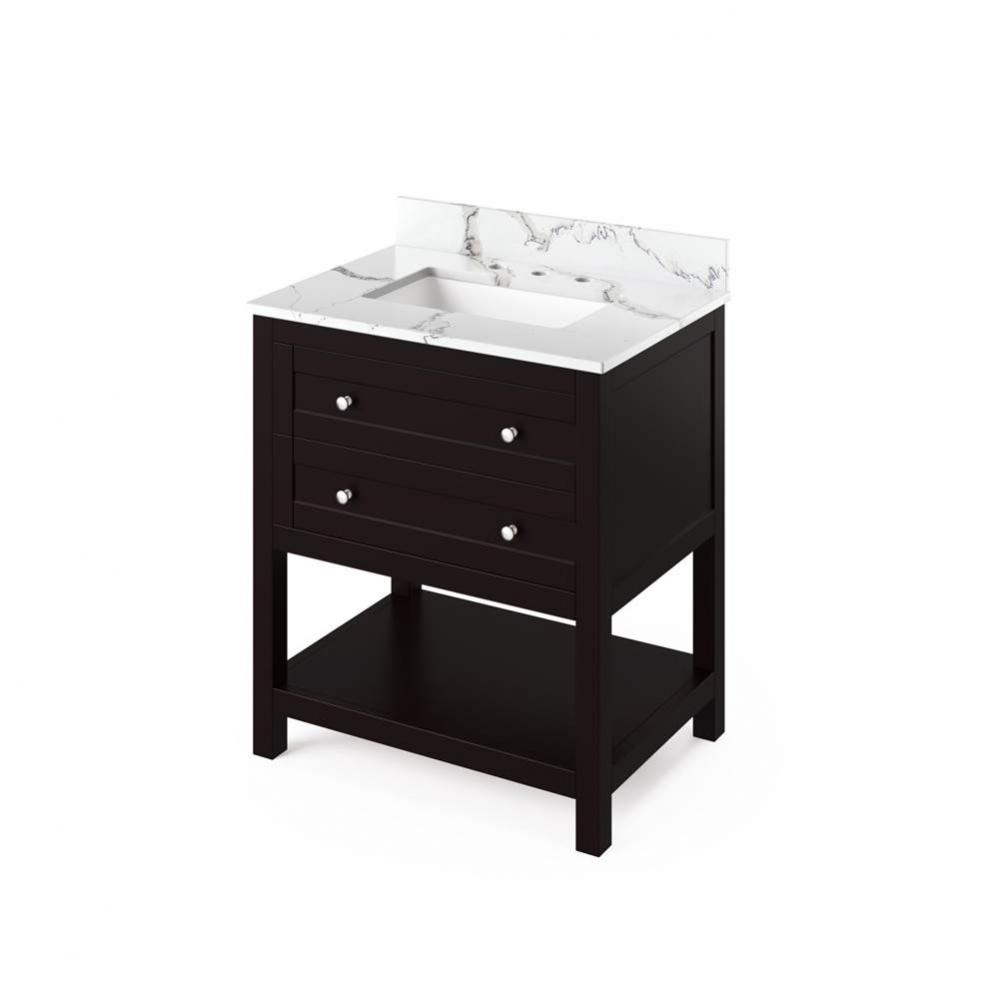 30'' Espresso Astoria Vanity, Calacatta Vienna Quartz Vanity Top, undermount rectangle b