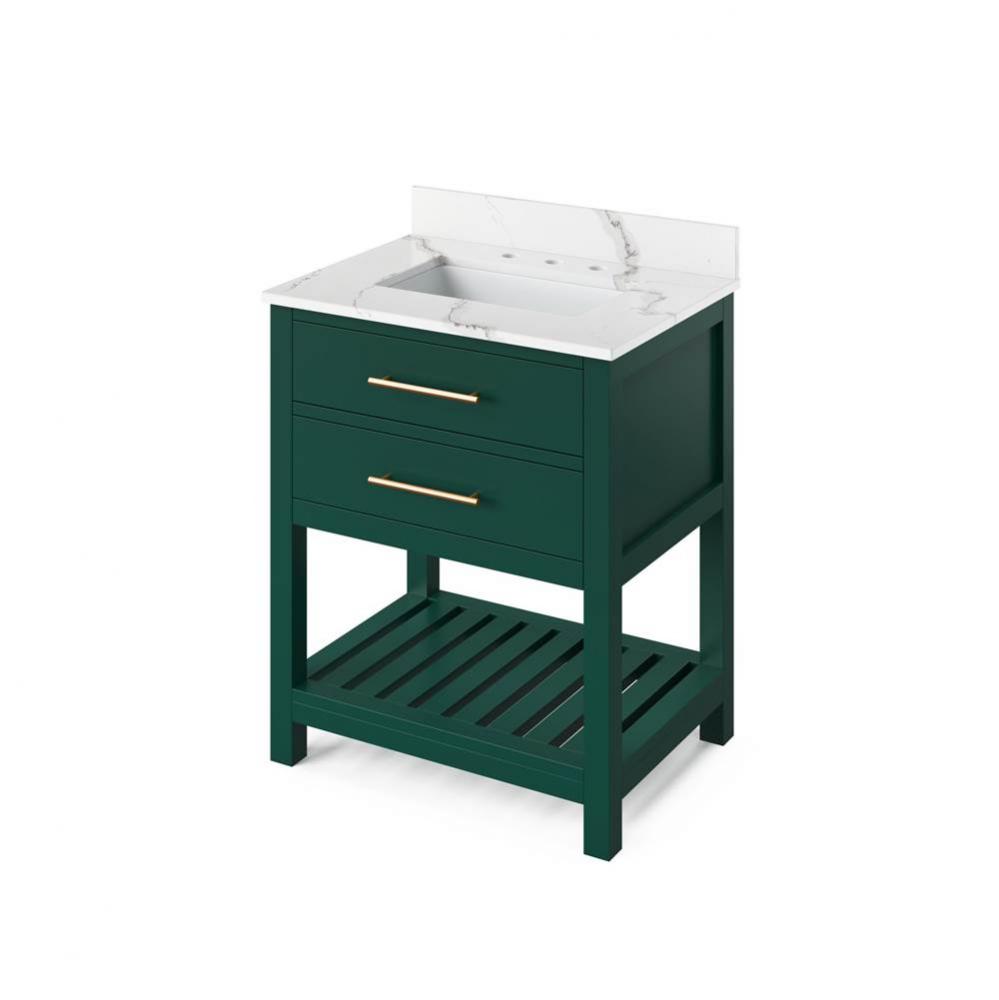 30'' Forest Green Wavecrest Vanity, Calacatta Vienna Quartz Vanity Top, undermount recta